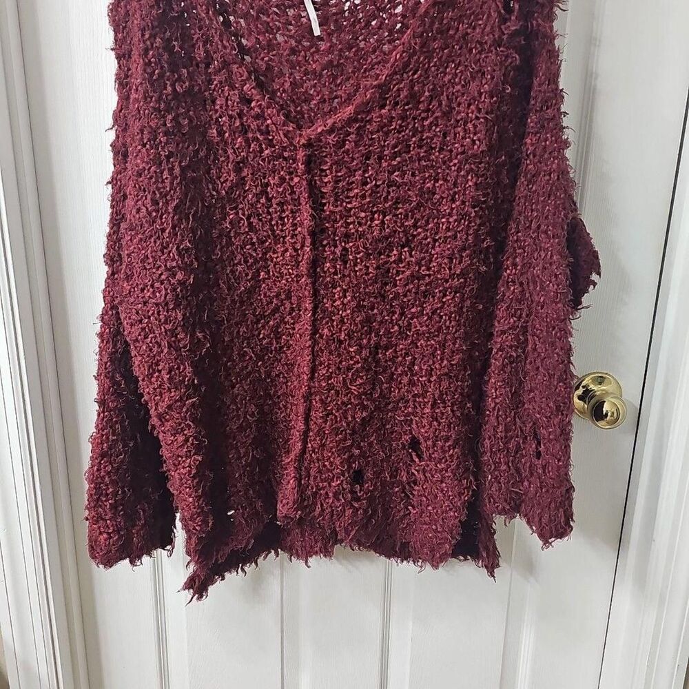 Free People Size L Maroon Shaggy Distressed Knit Sweater